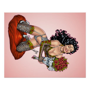 Brunette in Lingerie met illustratie Rozen Perfect Poster