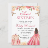 Brunette in Pink Dress Floral Pumpkins Sweet 16 Kaart (Voorkant)