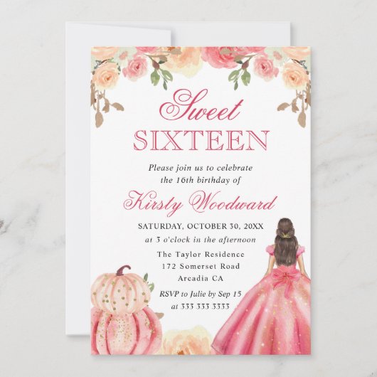 Brunette in Pink Dress Floral Pumpkins Sweet 16 Kaart (Voorkant)