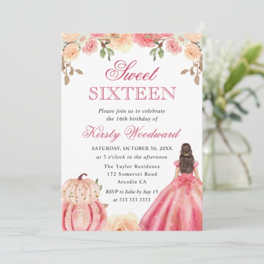 Brunette in Pink Dress Floral Pumpkins Sweet 16 Kaart (Staand voorkant)
