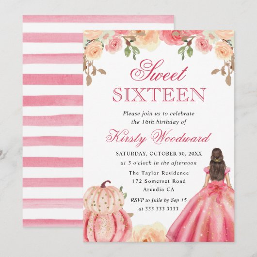 Brunette in Pink Dress Floral Pumpkins Sweet 16 Kaart (Voorkant / Achterkant)