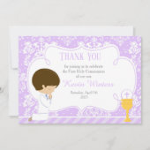 Brunette jongen Eerste Communie Damask Bedankkaart (Voorkant)