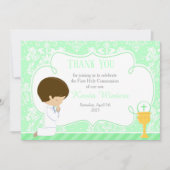 Brunette jongen Eerste Communie Damask Bedankkaart (Voorkant)