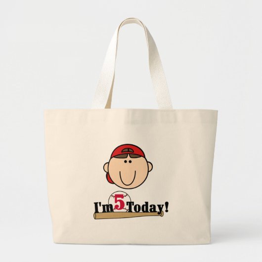 Brunette Jongen Honkbal 5e Verjaardag Grote Tote Bag (Voorkant)