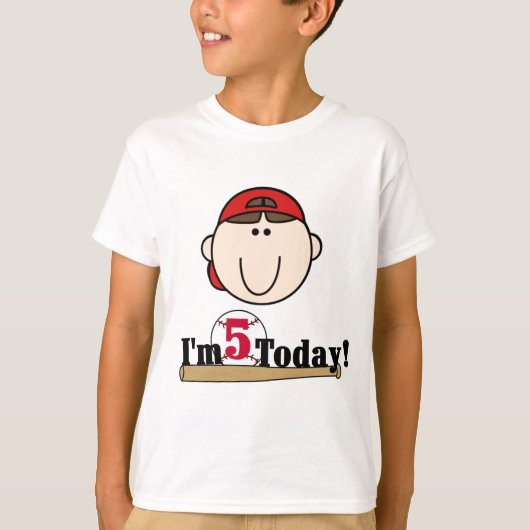 Brunette Jongen Honkbal 5e Verjaardag T-shirt (Voorkant)
