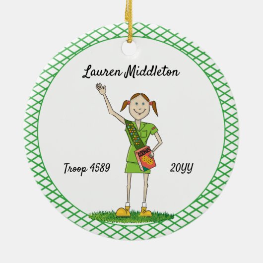 Brunette Junior Girl Scouting Green Crosshatch Keramisch Ornament (Achterkant)