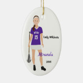 Brunette Lacrosse Player in het Paars en wit Keramisch Ornament (Rechts)
