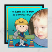 Brunette Little Fix-it Man Birthday Invitation Kaart (Voorkant / Achterkant)