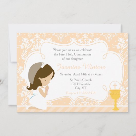 Brunette Meisje Eerste Communie Damask Uitnodiging (Voorkant)