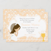 Brunette Meisje Eerste Communie Damask Uitnodiging (Voorkant / Achterkant)