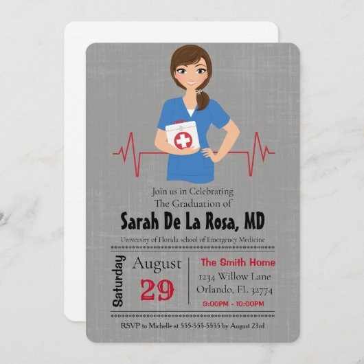 brunette meisje medische school Afstuderen uitnodi Kaart (Voorkant / Achterkant)