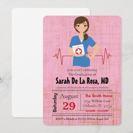 brunette meisje medische school Afstuderen uitnodi Kaart (Voorkant / Achterkant)