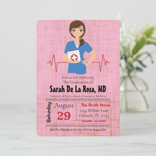 brunette meisje medische school Afstuderen uitnodi Kaart (Staand voorkant)
