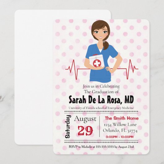 brunette meisje medische school Afstuderen uitnodi Kaart (Voorkant / Achterkant)