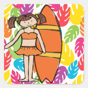 Brunette Meisje Surfer Stickers
