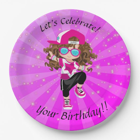 Brunette Meisjes Hip Hop Dans Gelukkig Verjaardags Papieren Bordje (Voorkant)