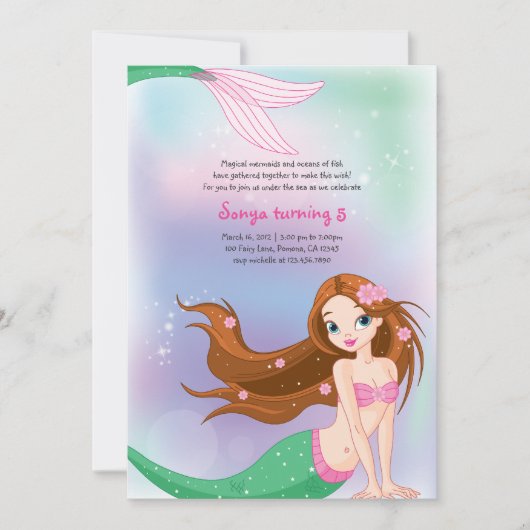 Brunette Mermaid Birthday Invitation Kaart (Voorkant)