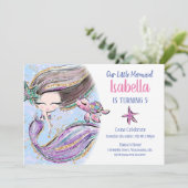 Brunette Mermaid Birthday Party Invitation Kaart (Staand voorkant)