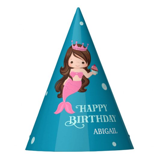 Brunette Mermaid Birthday Party Pet - Gepersonalis Feesthoedjes (Voorkant)