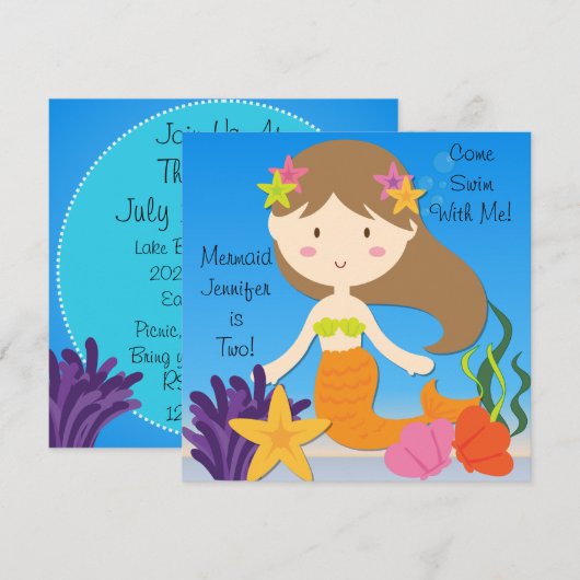 Brunette Mermaid Custom Birthday Invitation Kaart (Voorkant / Achterkant)