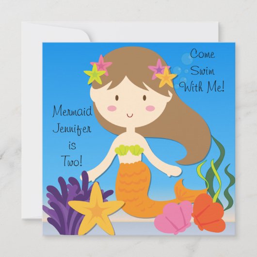 Brunette Mermaid Custom Birthday Invitation Kaart (Voorkant)