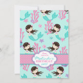 Brunette Mermaid First Birthday Invitation Kaart (Achterkant)