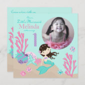 Brunette Mermaid First Birthday Kaart (Voorkant / Achterkant)