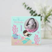 Brunette Mermaid First Birthday Kaart (Staand voorkant)