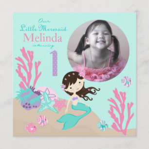 Brunette Mermaid First Birthday Kaart