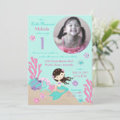 Brunette Mermaid First Birthday Kaart (Staand voorkant)