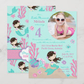 Brunette Mermaid Fourth Birthday Invitation Kaart (Voorkant / Achterkant)