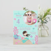 Brunette Mermaid Fourth Birthday Invitation Kaart (Staand voorkant)