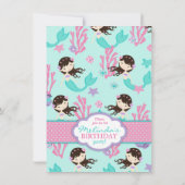 Brunette Mermaid Fourth Birthday Invitation Kaart (Achterkant)