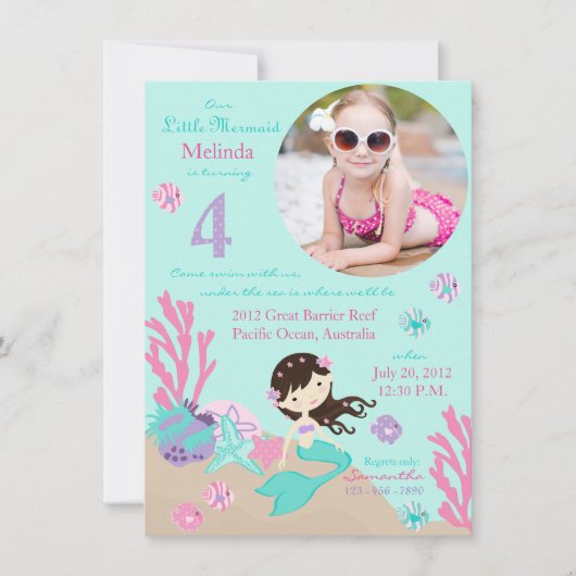 Brunette Mermaid Fourth Birthday Invitation Kaart (Voorkant)