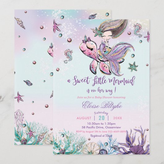 Brunette Mermaid Meisje Baby shower Onder het Zee Kaart (Voorkant / Achterkant)