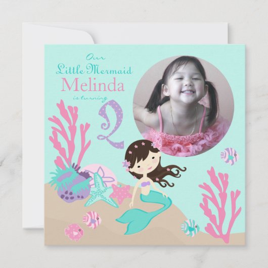 Brunette Mermaid Second Birthday Kaart (Voorkant)