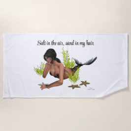 Brunette Mermaid with Starfish Beach Towel Strandlaken