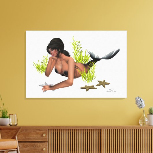 Brunette Mermaid with Starfish Canvas print (Insitu (Woonkamer))