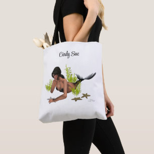 Brunette Mermaid with Starfish Canvas tas