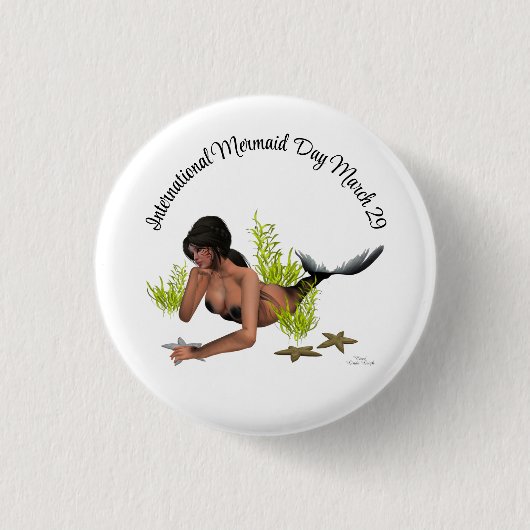 Brunette Mermaid with Starfish Pin Button (Voorkant)