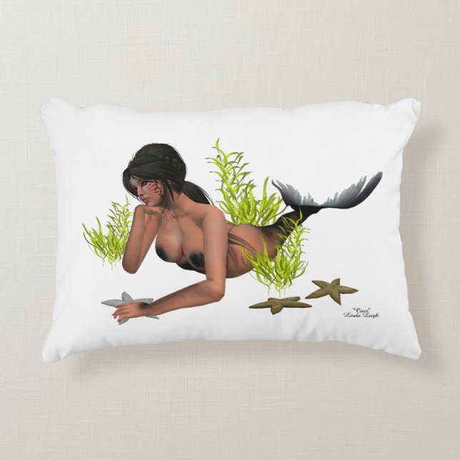 Brunette Mermaid with Starfish Sierkussen Accent Kussen (Voorkant)
