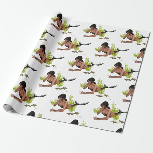Brunette Mermaid with Starfish Wrapping Paper Cadeaupapier (Uitgerold)