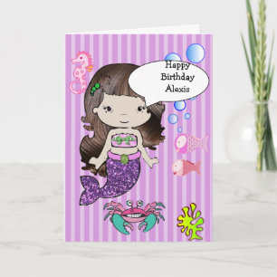 Brunette Paarse Mermaid Happy Birthday Card Kaart