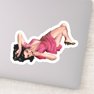 Brunette Pin-up Girl in Pink Dress  Art Sticker