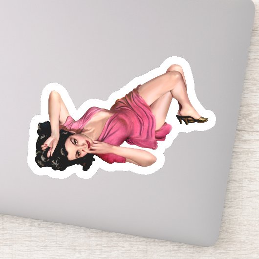 Brunette Pin-up Girl in Pink Dress  Art Sticker (Detail)