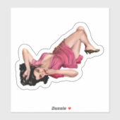 Brunette Pin-up Girl in Pink Dress  Art Sticker (Vel)