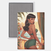 Brunette Pin-Up Green Bikini Seaview Balkon Magneet (Voorkant / Achterkant)