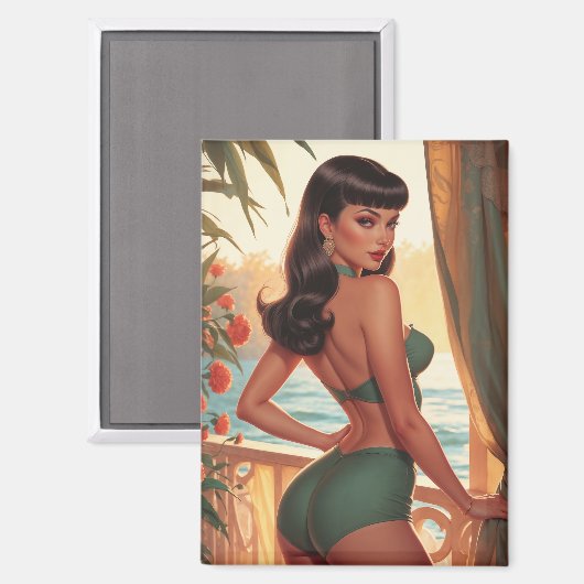 Brunette Pin-Up Green Bikini Seaview Balkon Magneet (Voorkant / Achterkant)