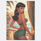 Brunette Pin-Up Green Bikini Seaview Balkon Magneet (Voorkant)