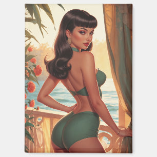 Brunette Pin-Up Green Bikini Seaview Balkon Magneet
